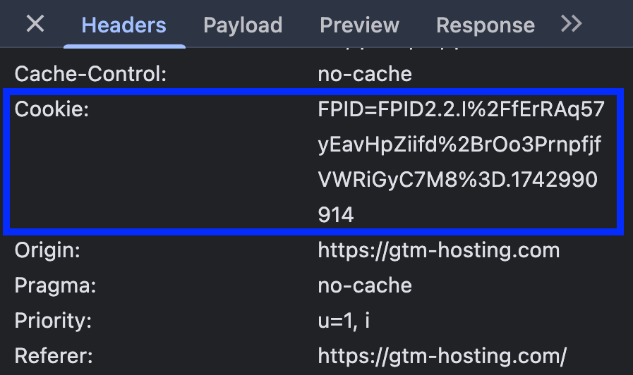 FPID Cookie gesendet im HTTP-Header