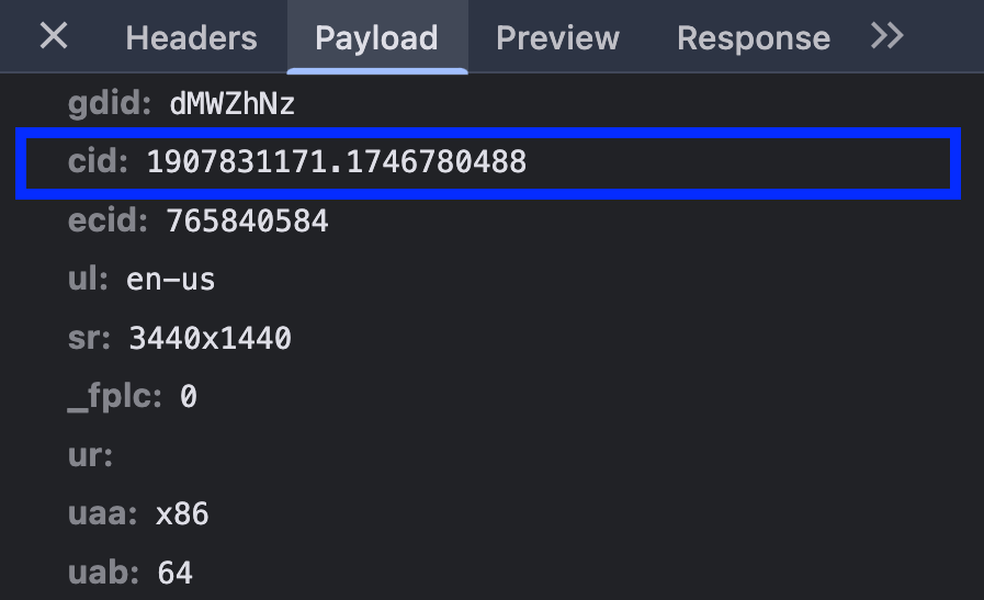 cid gesendet in Event-Parameter